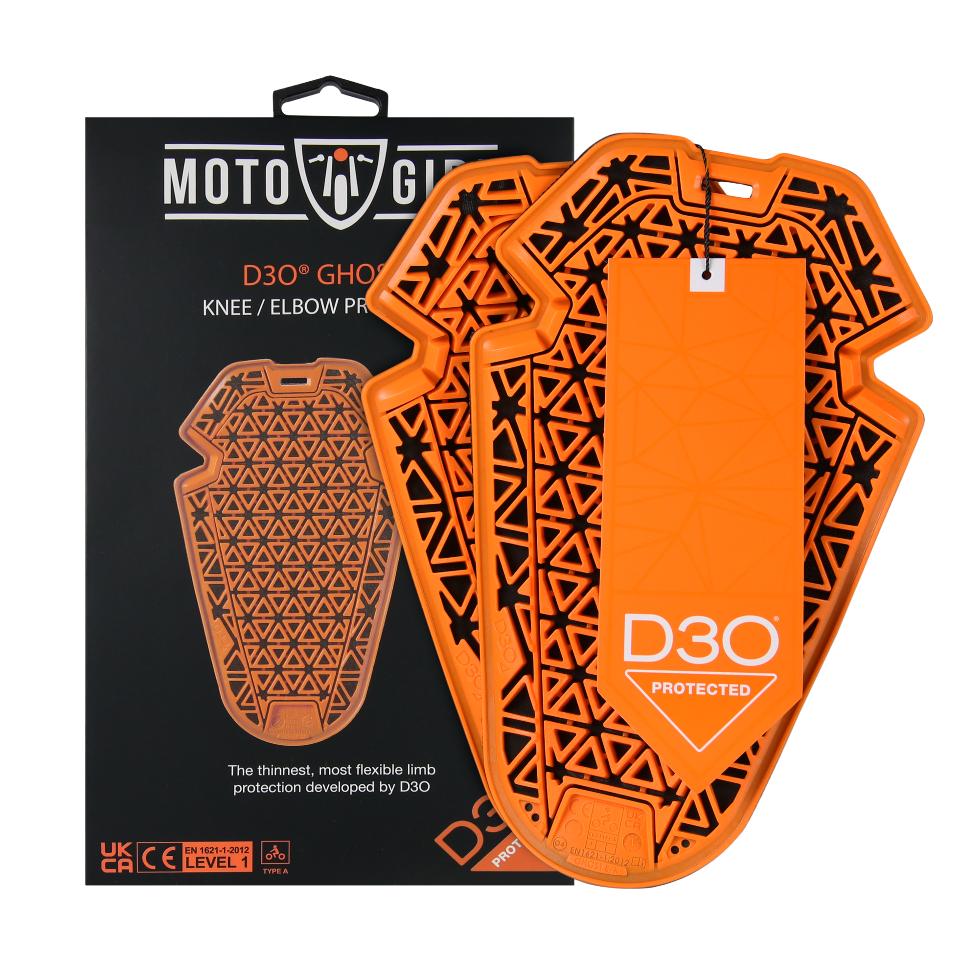 orange D30 knee and elbow protectors from MotoGirl