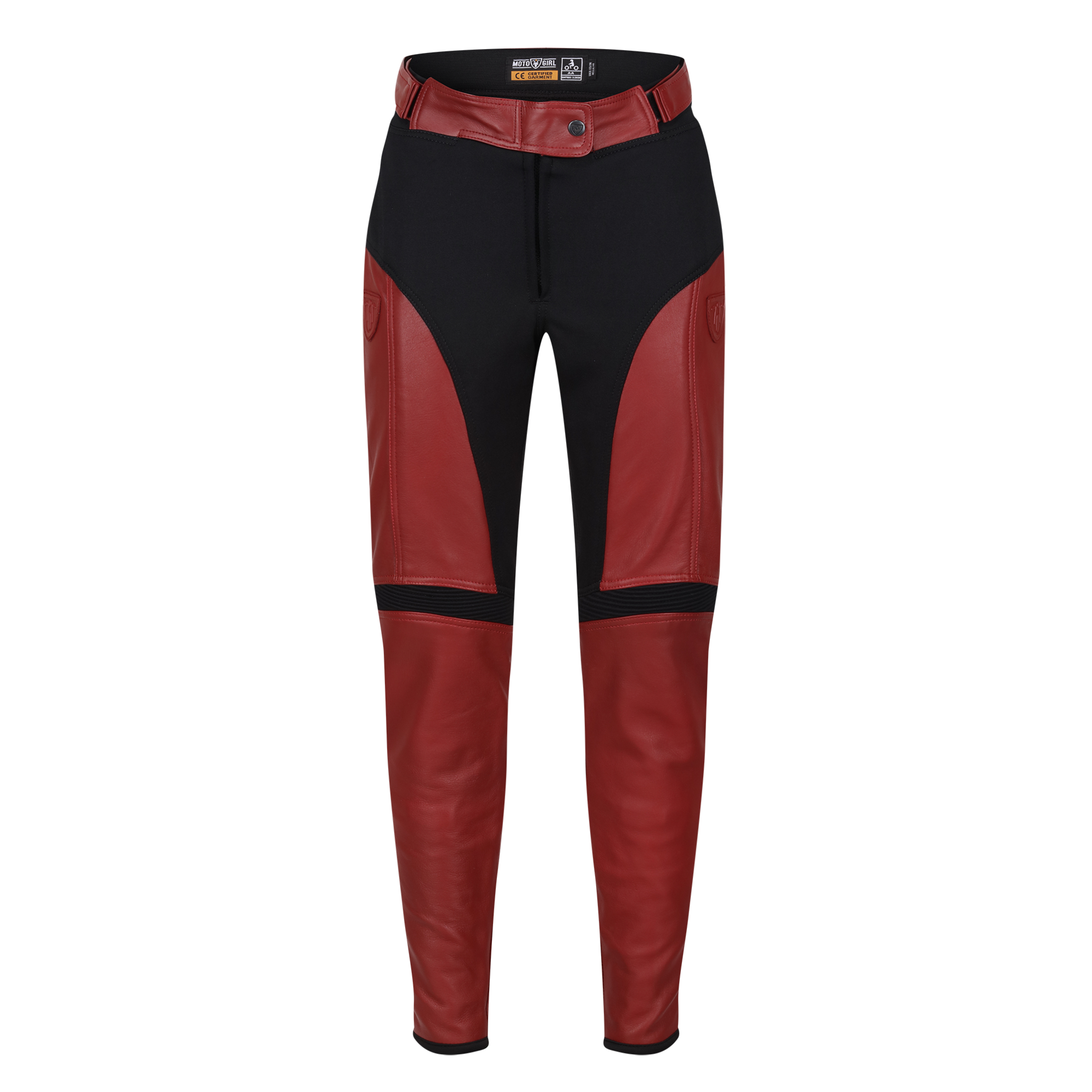 black red motorcycle leather and textile pants from the Moto Girl