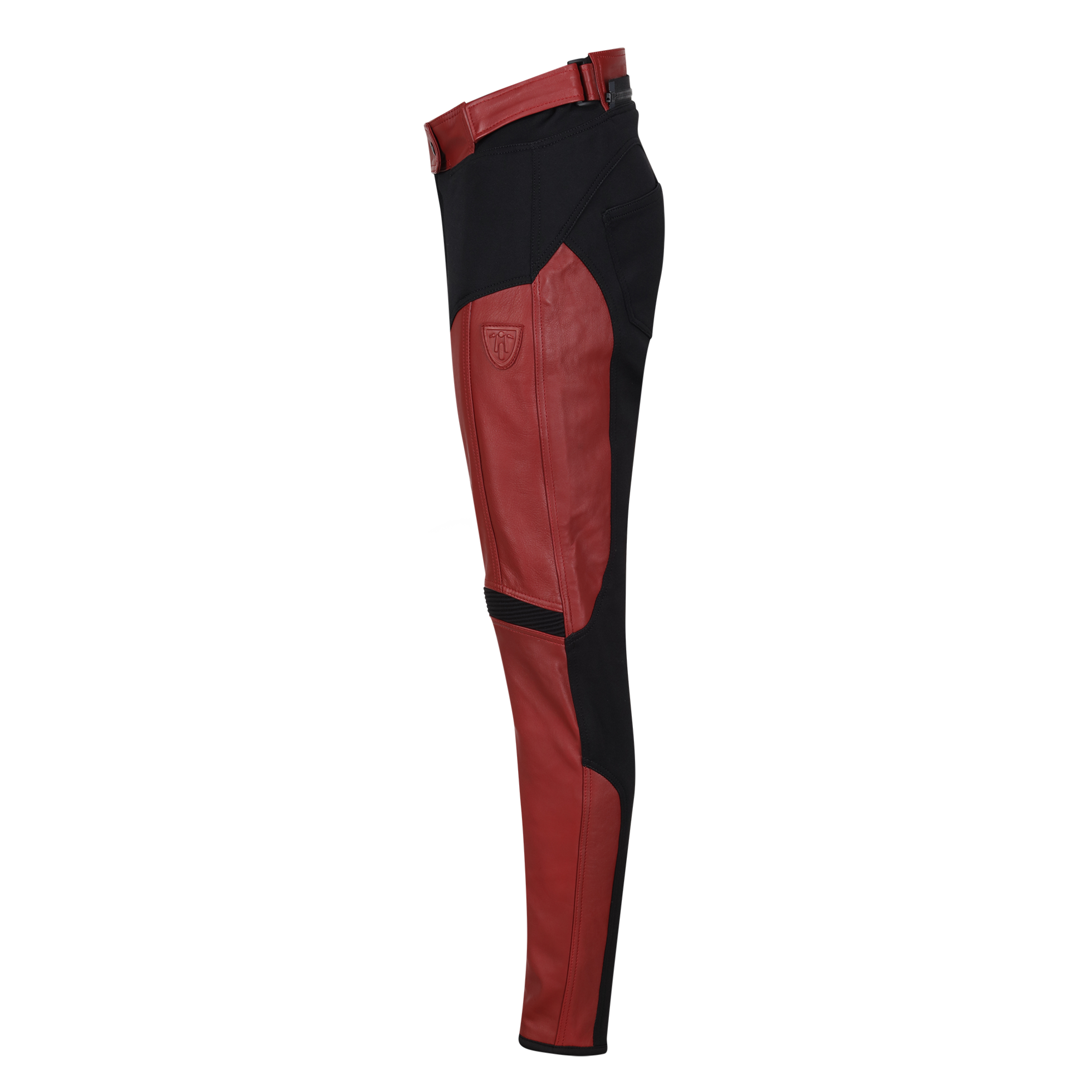 a side of black red motorcycle leather and textile pants from the Moto Girl