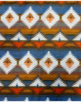 Close-up of the Astec bandana print featuring a print in shades of red, brown, and blue.