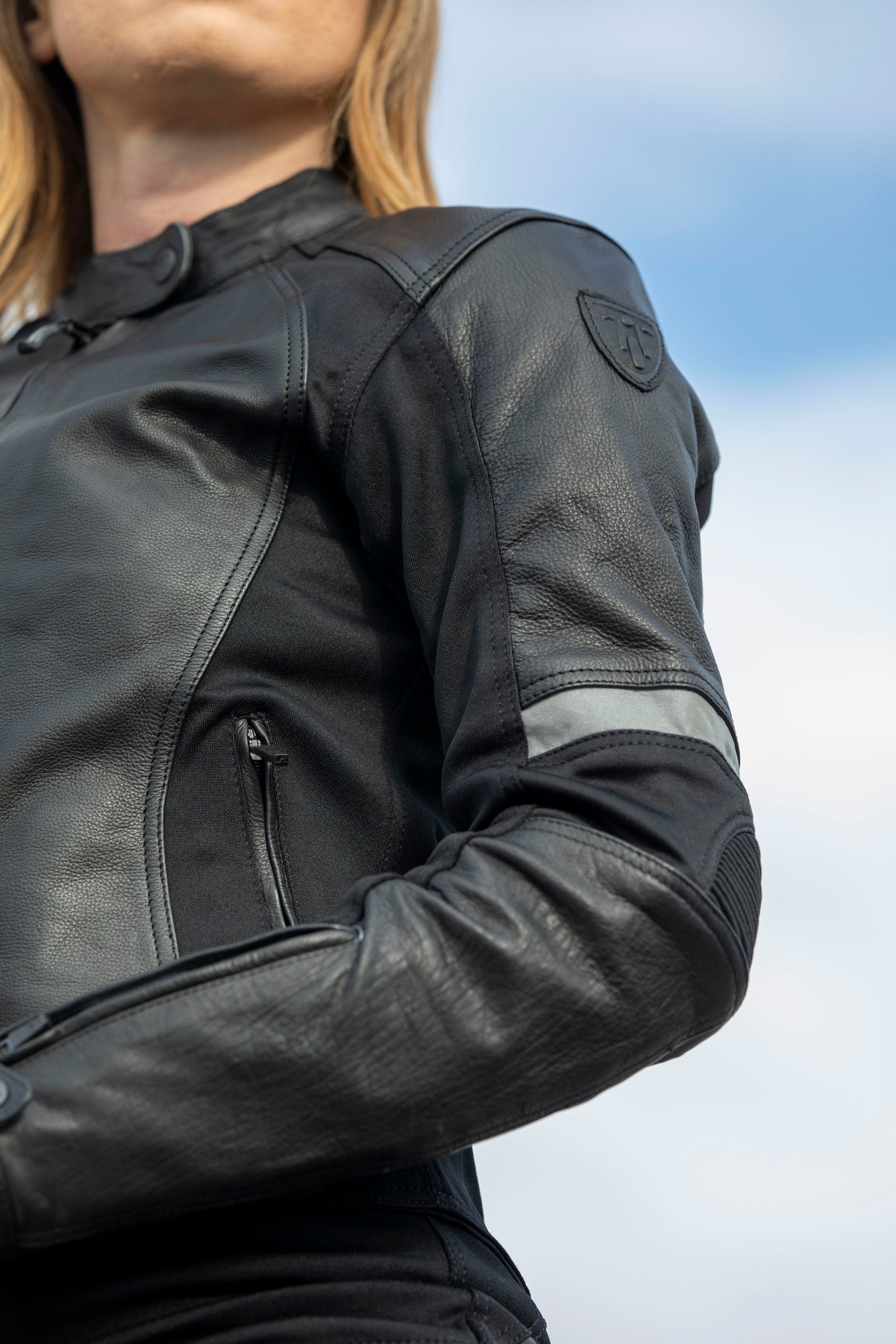 Woman wearing Black Fiona Motorcycle Jacket from Moto Girl