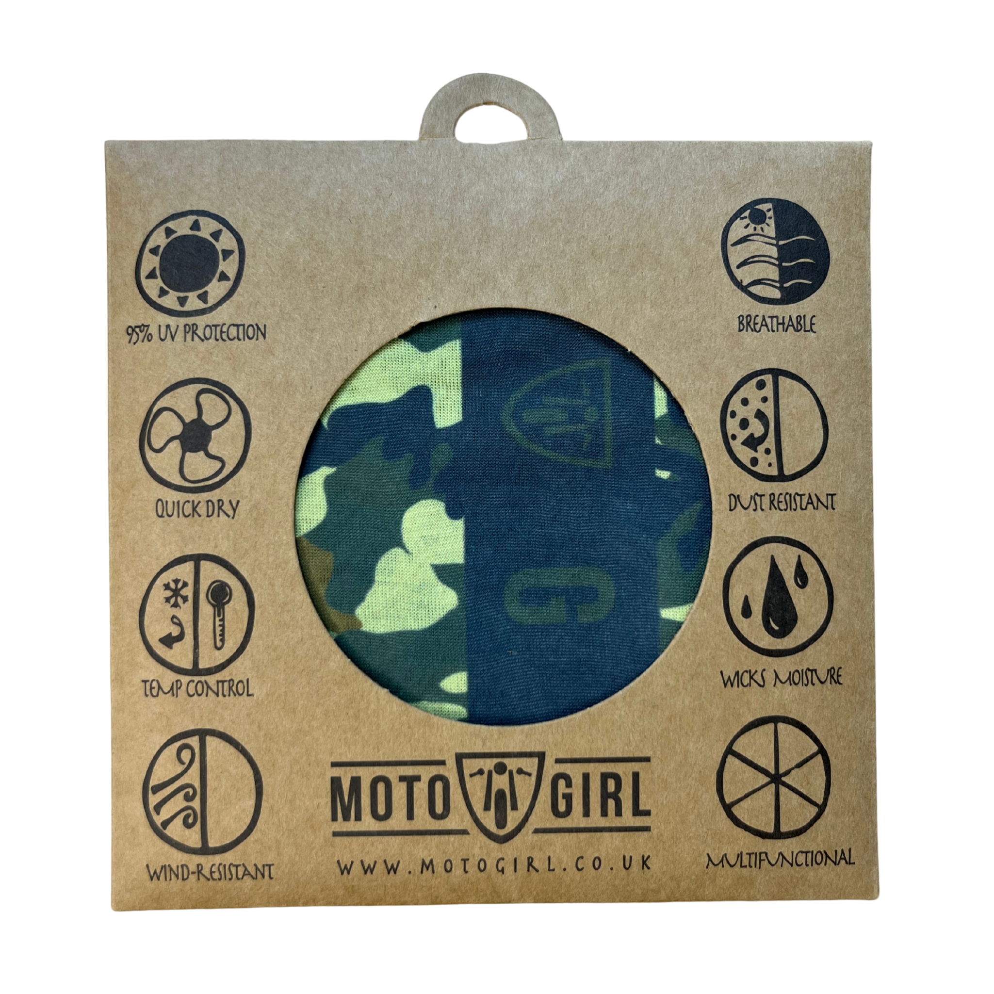 Camouflage-patterned product in a brown cardboard packaging with &#39;Moto Girl&#39; branding.