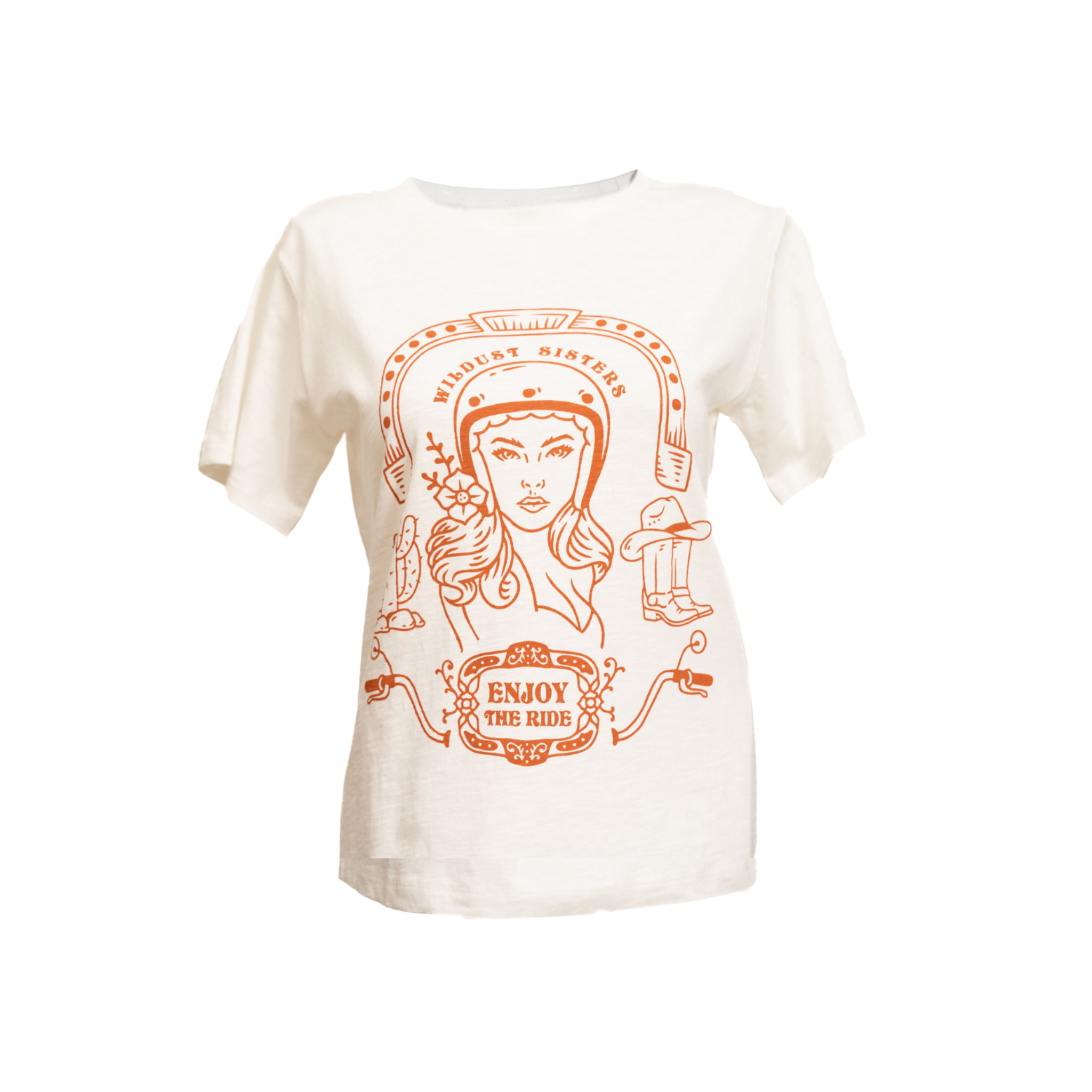 White T-shirt with a Woman wearing a Motorcyclehelmet print and the text "Wild dust sister" and "Enjoy The ride" in orange