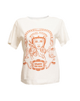 White T-shirt with a Woman wearing a Motorcyclehelmet print and the text "Wild dust sister" and "Enjoy The ride" in orange