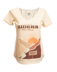 Women's T-shirt with a sunset/sunrise print and the text "Freedom Riders Wild Souls" and "Wildust sisters"