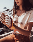 a woman wearing colourful leather motorcycle lady gloves from Wildust