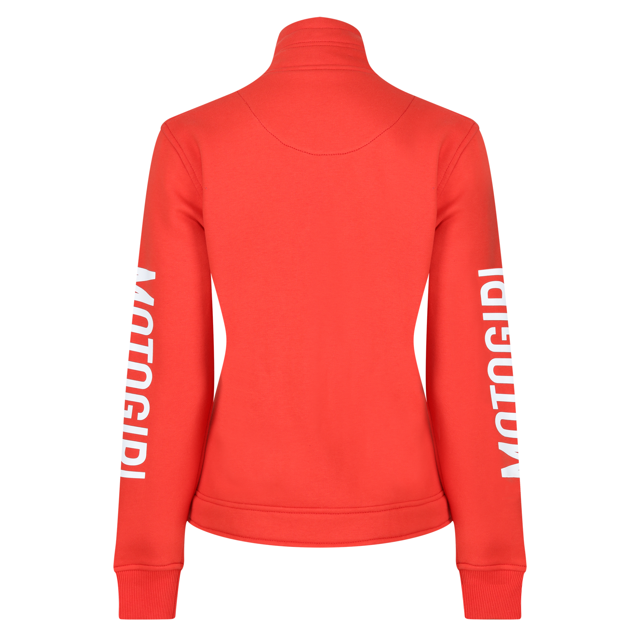 a back of a red high neck sweatshirt from motogirl