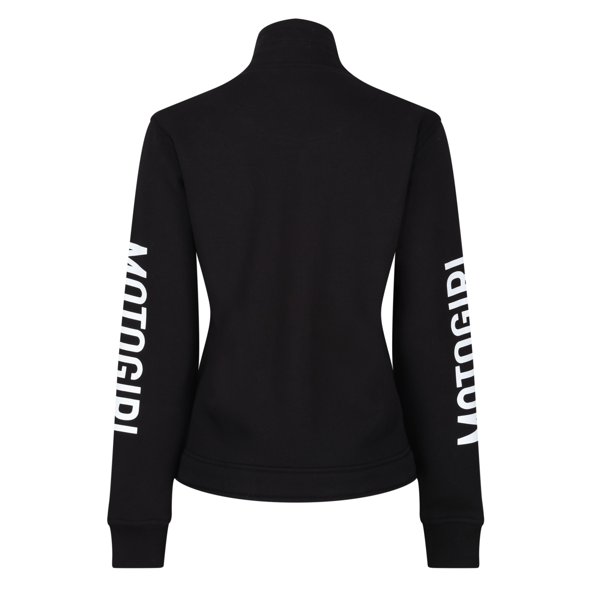 black moto girl sweatshirt with moto girl text on the sleeves in white 