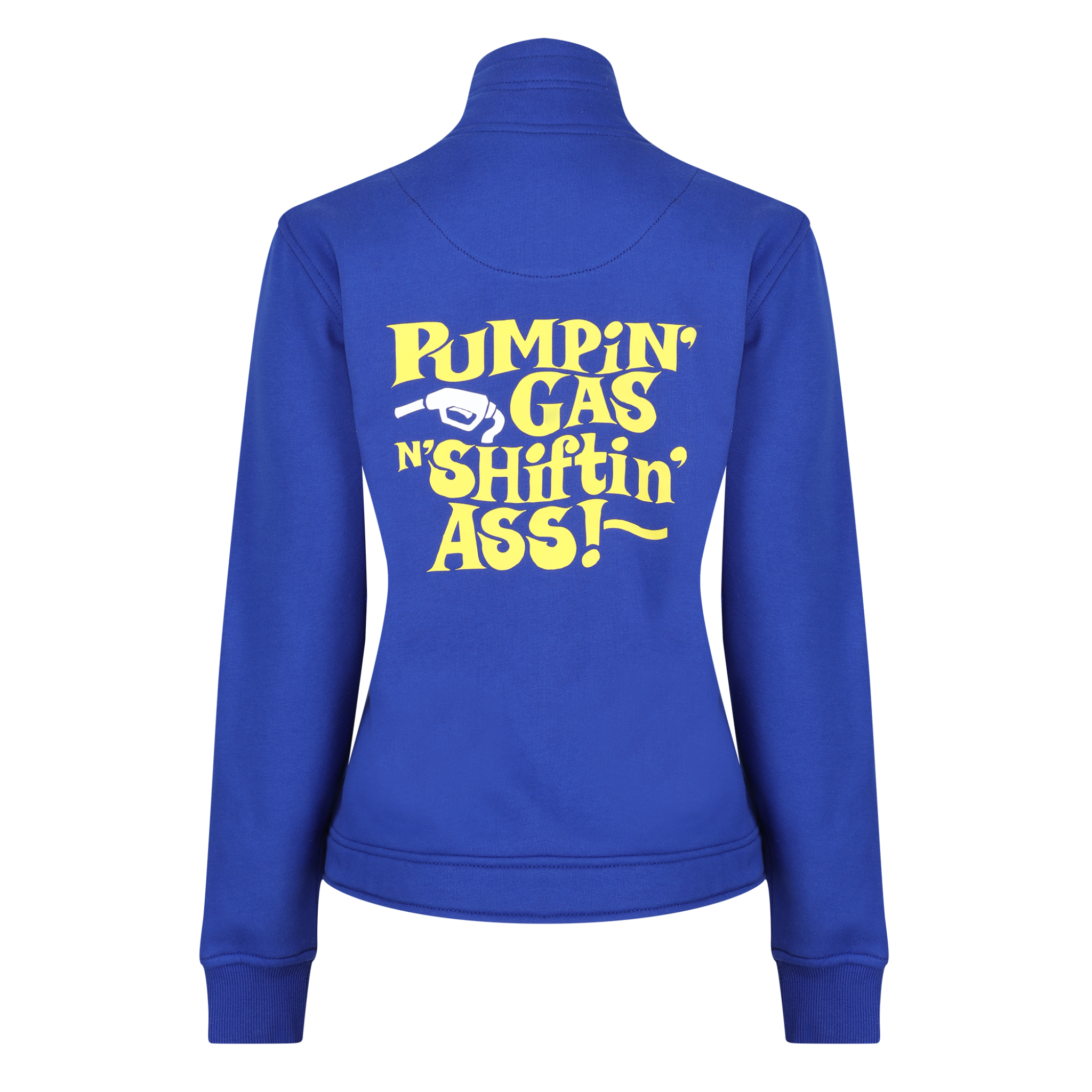 navy colour lady sweatshirt with yeallow "pumping gas shifting ass"motive on the back