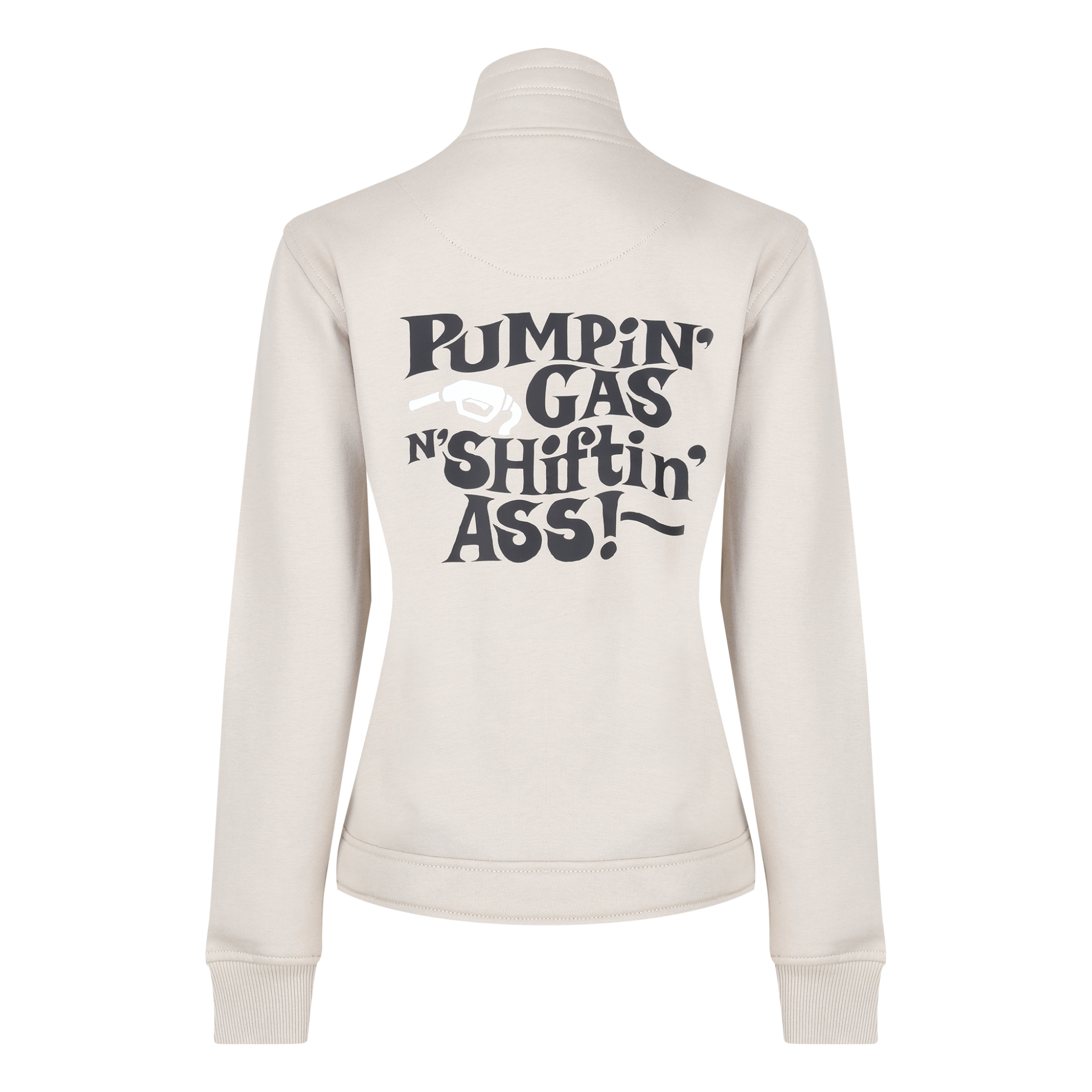 sand colour lady sweatshirt with black &quot;pumping gas shifting ass&quot;motive on the back