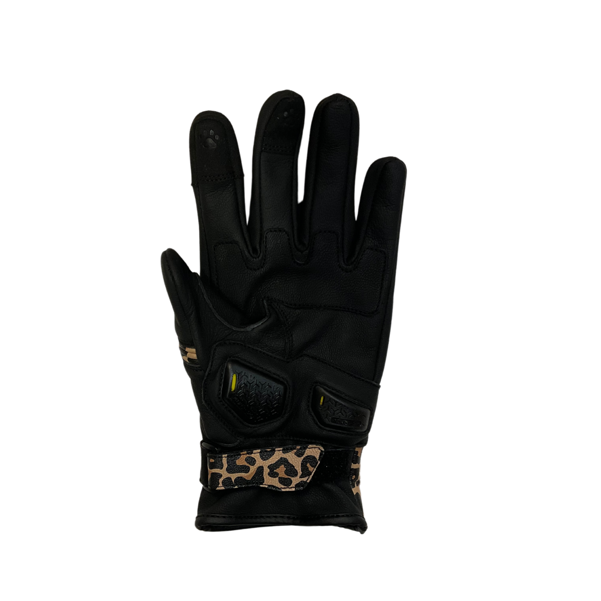 a palm of Black women&#39;s motorcycle glove with colourful leopard skin details and  with paw print details on the index and middle fingers.