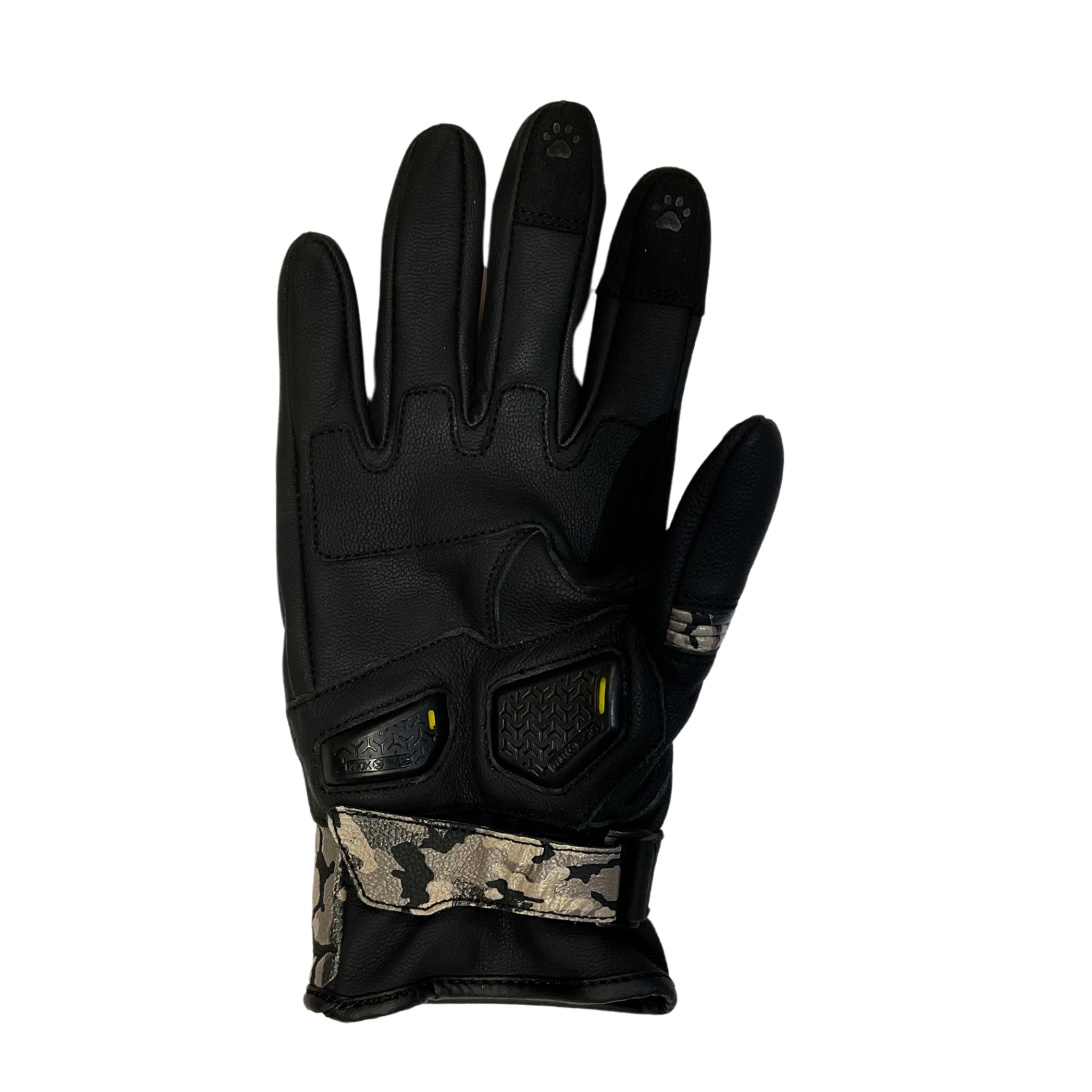 a palm of black women&#39;s motorcycle glove with camo details and paw print details on the index and middle fingers.