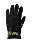 a palm of black women's motorcycle glove with camo details and paw print details on the index and middle fingers.