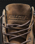 a close up of the brown leather  falco motorcycle boot