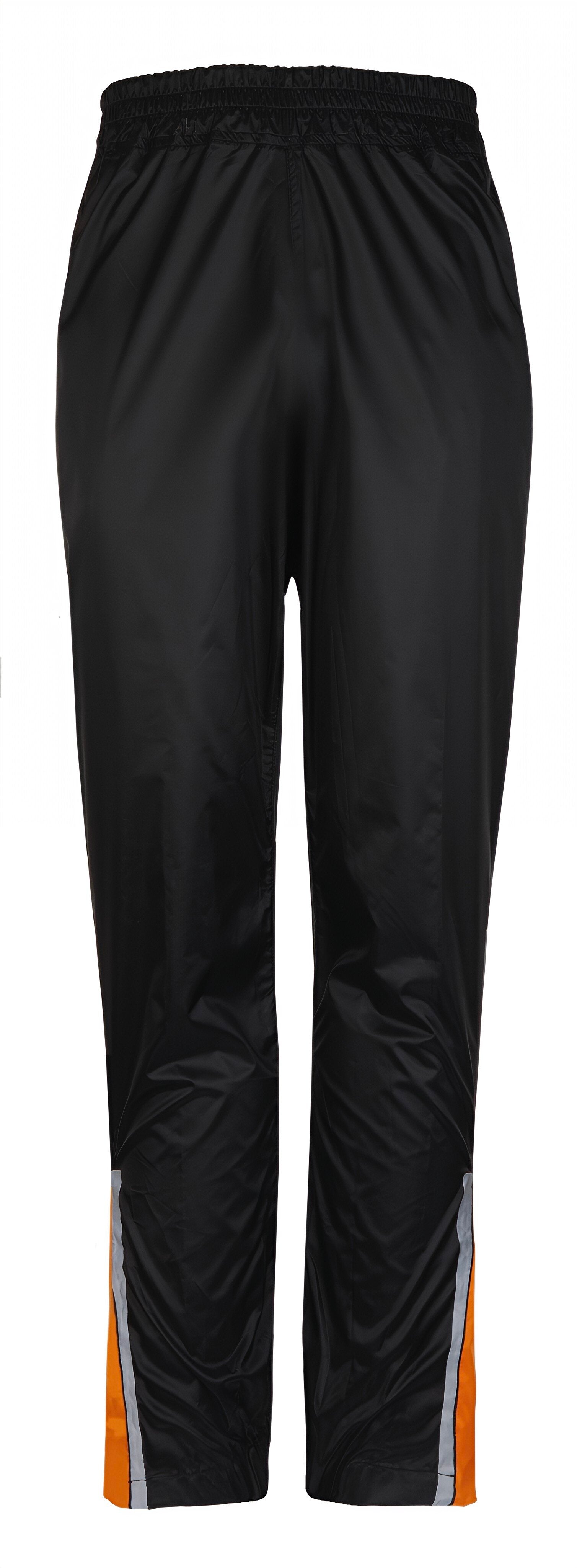 Black pants with orange and white accents on a white background