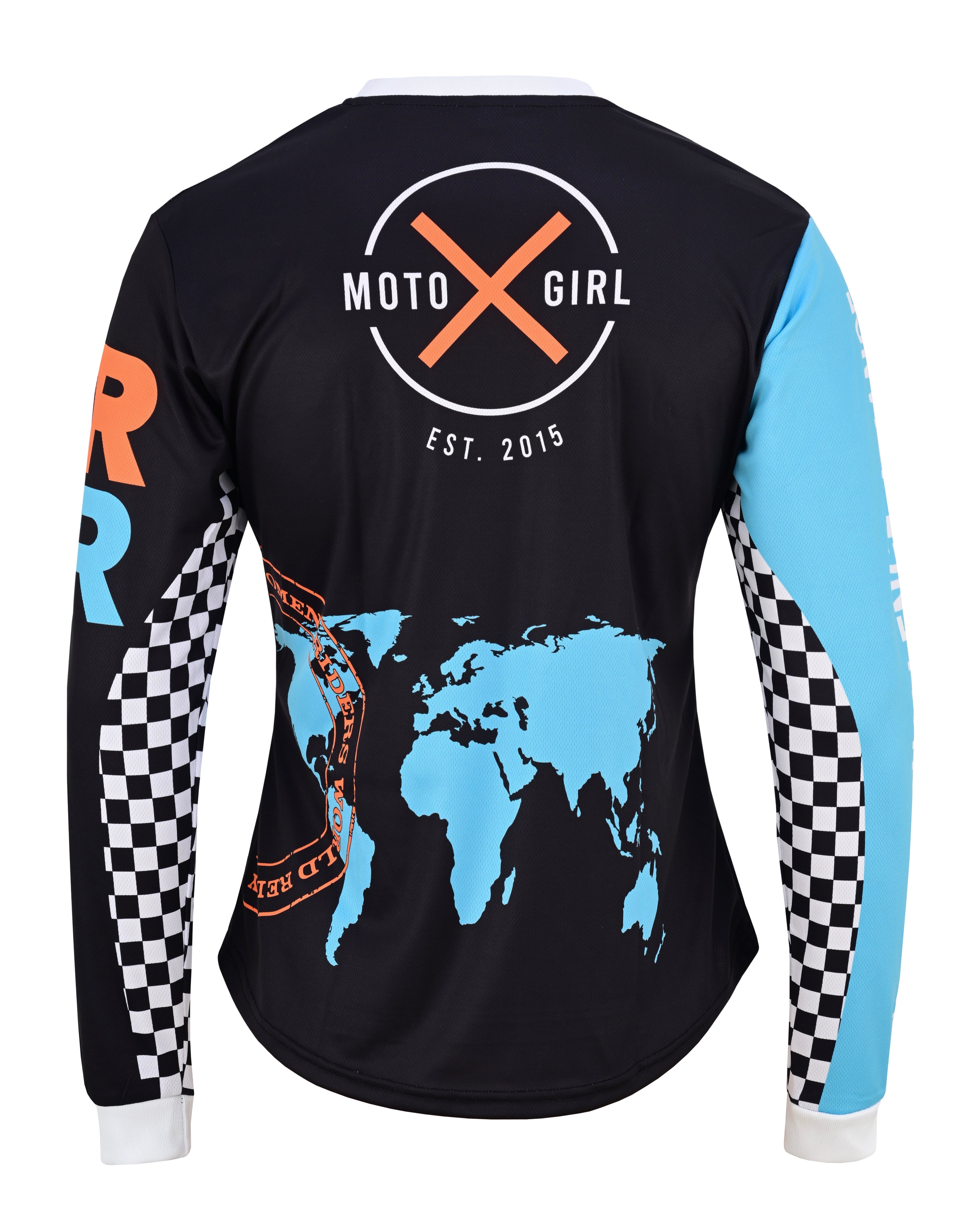 Black long-sleeve shirt with world map design and &#39;Moto Girl&#39; branding on a white background