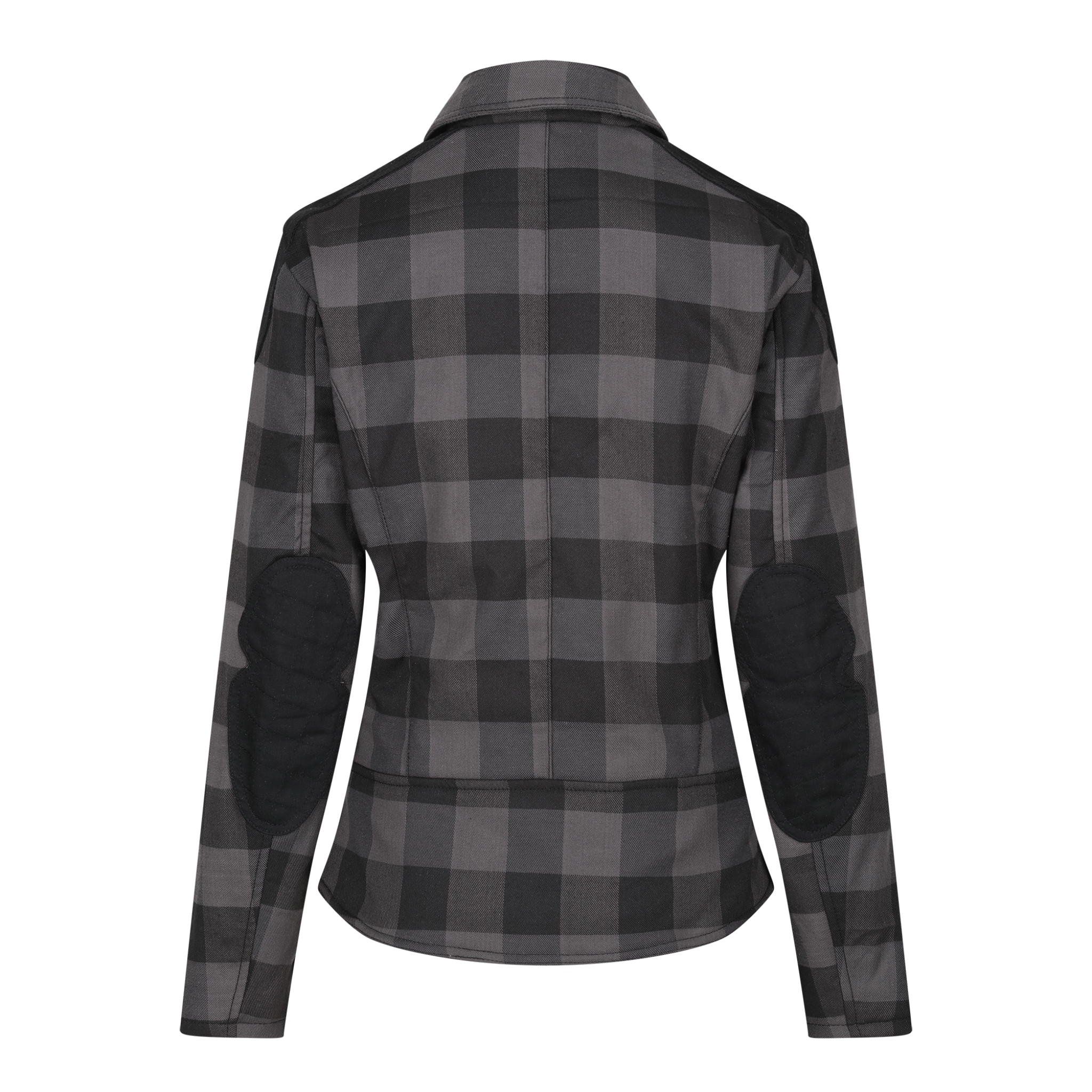 Back of black & grey flannel style women's jacket 