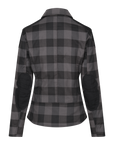 Back of black & grey flannel style women's jacket 