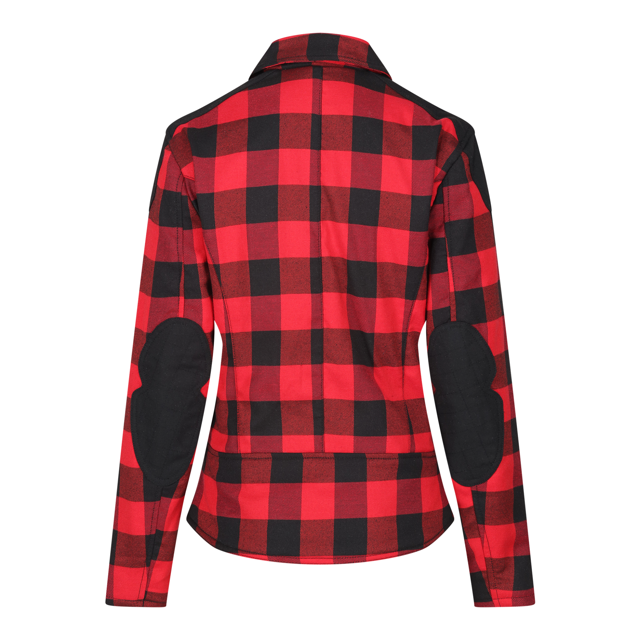 back of red and black flannel style women's jacket from moto girl