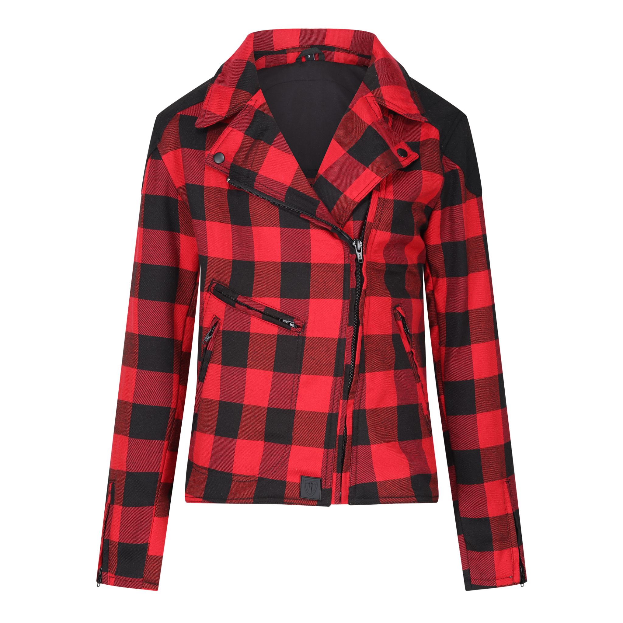 red and black flannel style women's jacket with front side zipper and triangle collar