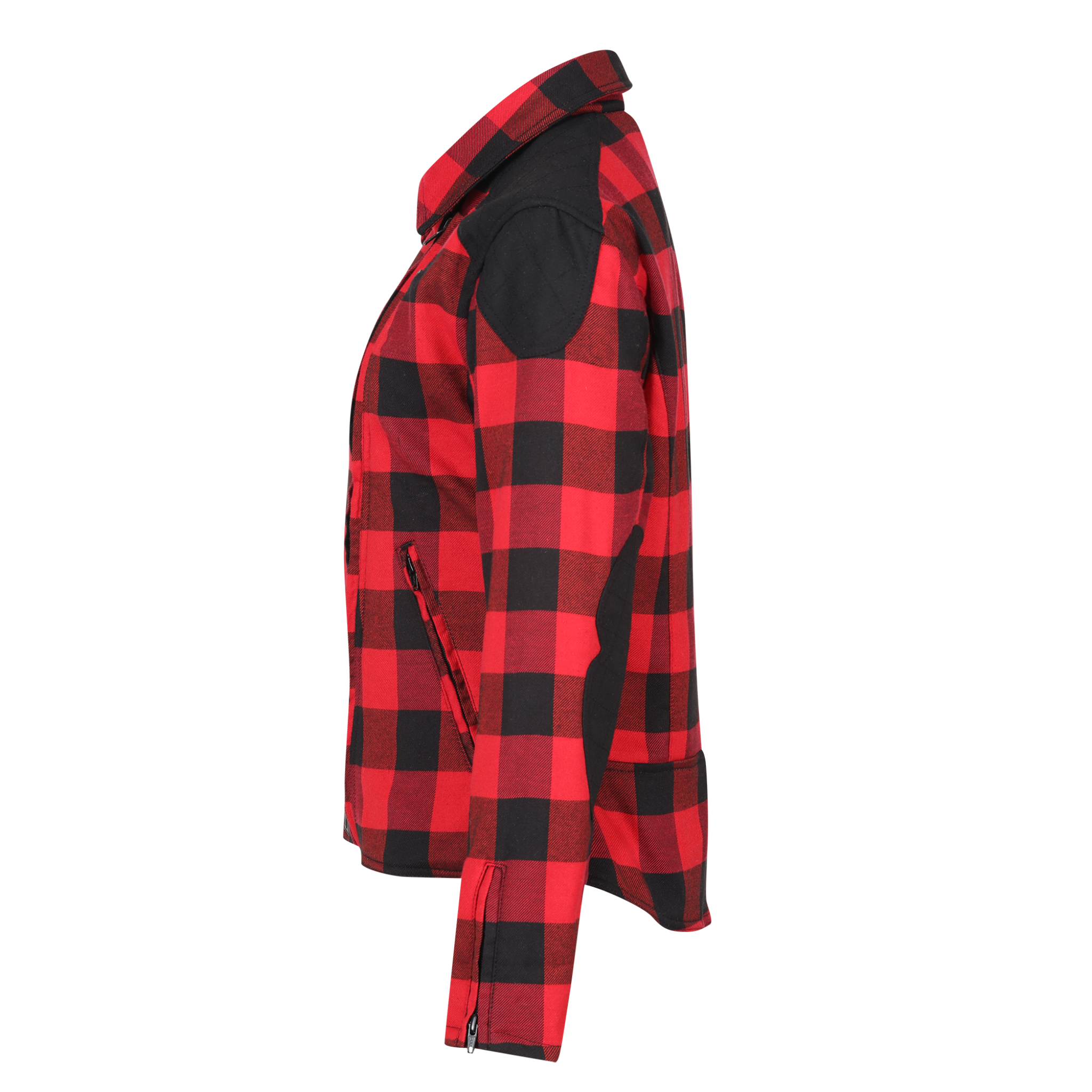 side of unzipped red and black flannel style women&#39;s jacket from moto girl