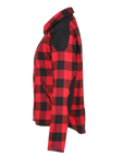 side of unzipped red and black flannel style women's jacket from moto girl