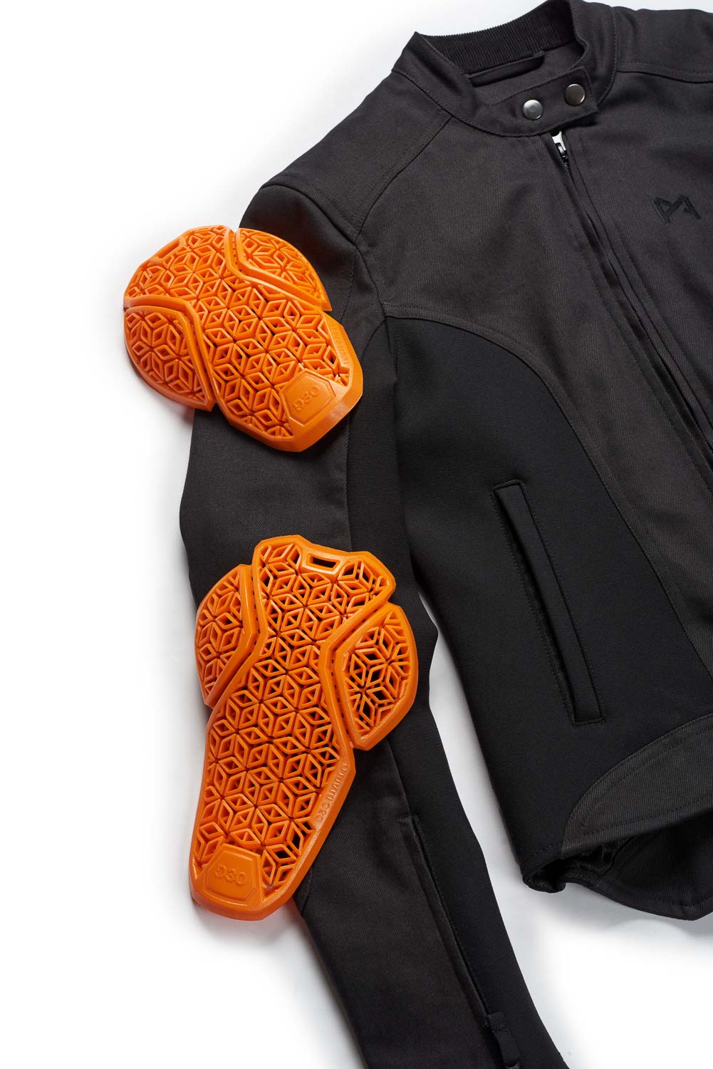 Black jacket with orange protective gear on a white background