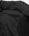 Close-up of a black jacket with a logo on a white background