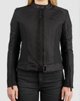 Black jacket worn by a person on a white background