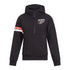 Black hoodie with orange and white accents on a white background