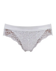 close-up of the front of a white high-hip briefs with lace inserts  details from Tramonte.