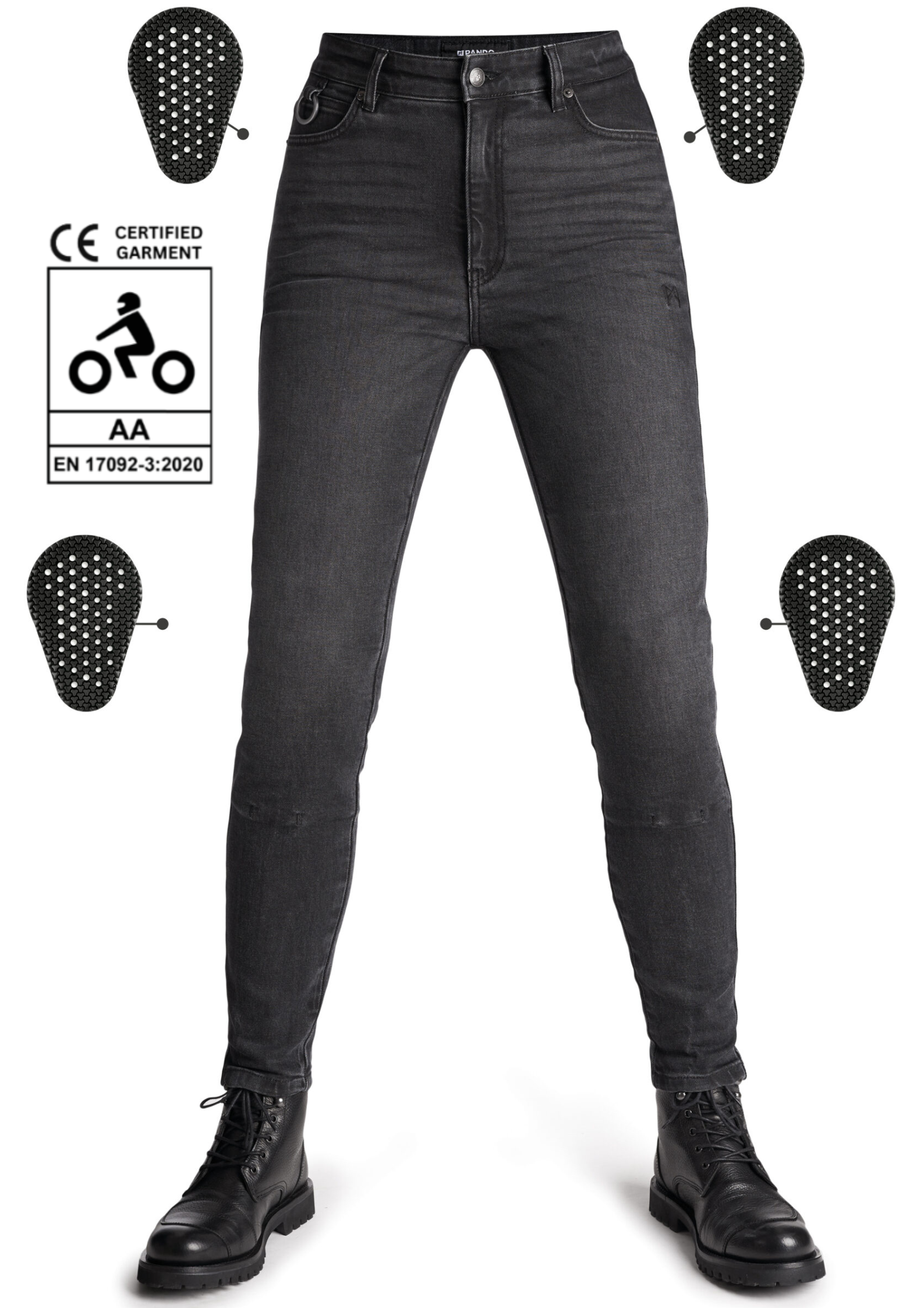 Black jeans with protective patches on a white background