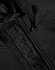 Close up of a zipper from a black Motorcycle hoodie from Pando Moto