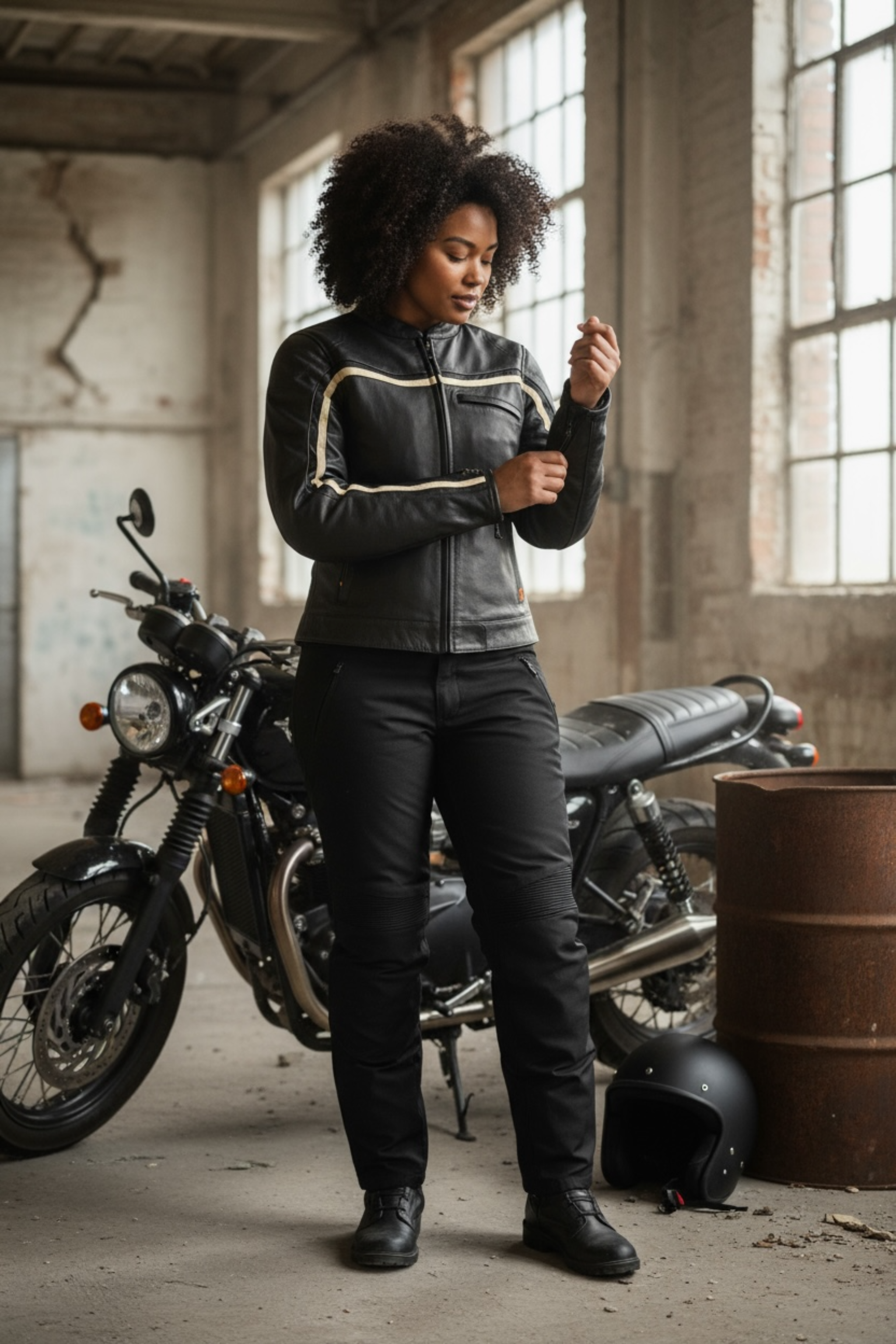 Woman in motorcycle gear standing next to a motorcycle in an industrial setting