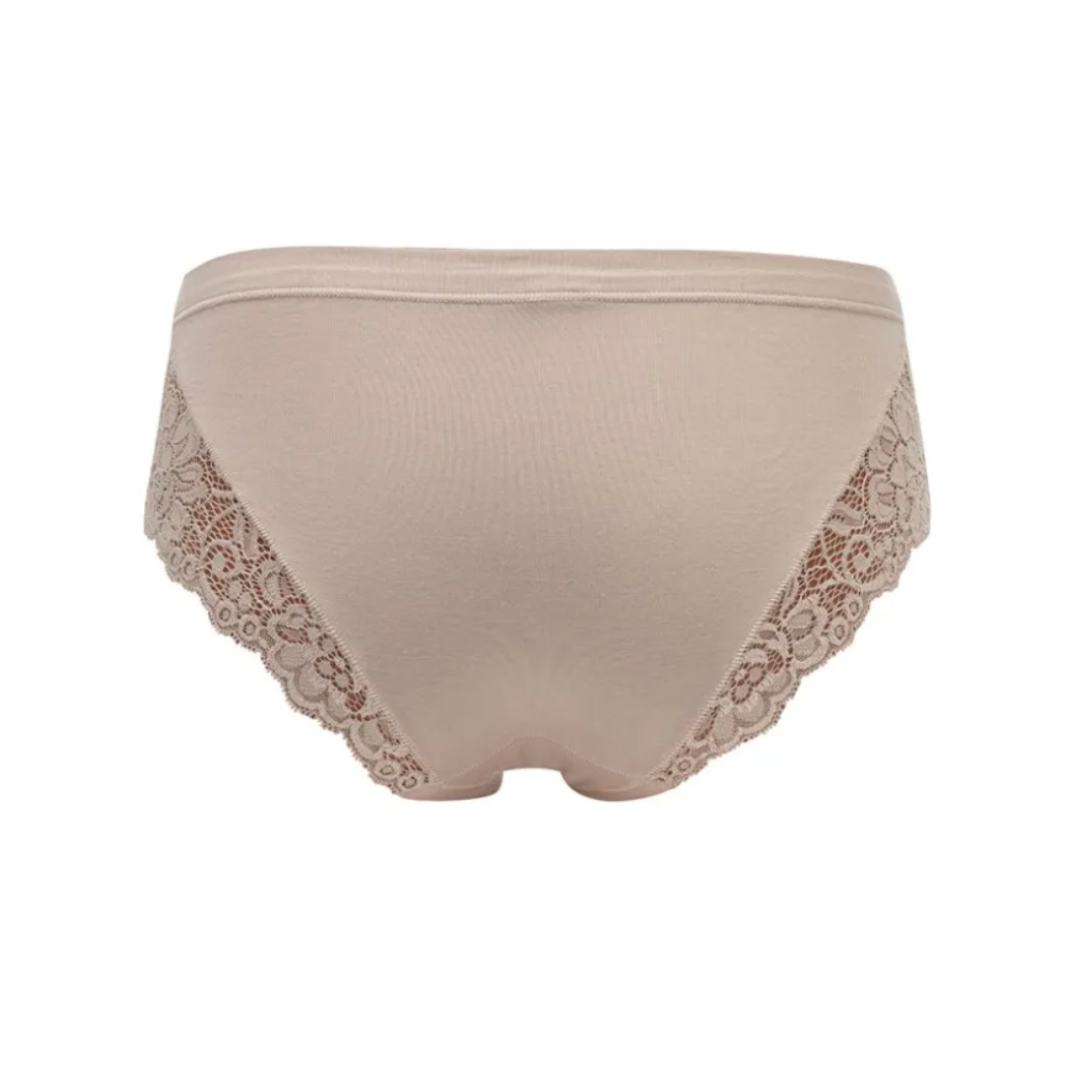 Close-up of the back of nude-colored high-hip briefs with lace details on the sides from Tramonte.