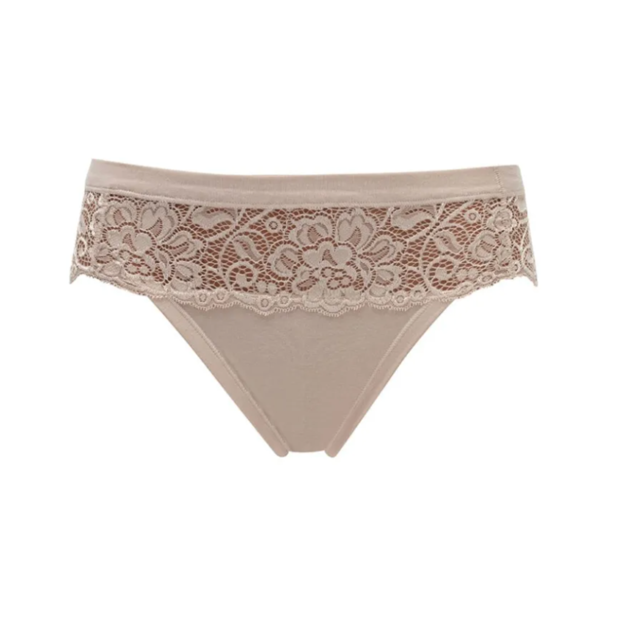 Close-up of the front of nude-colored high-hip briefs with lace details at the top from Tramonte.