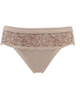 Close-up of the front of nude-colored high-hip briefs with lace details at the top from Tramonte.