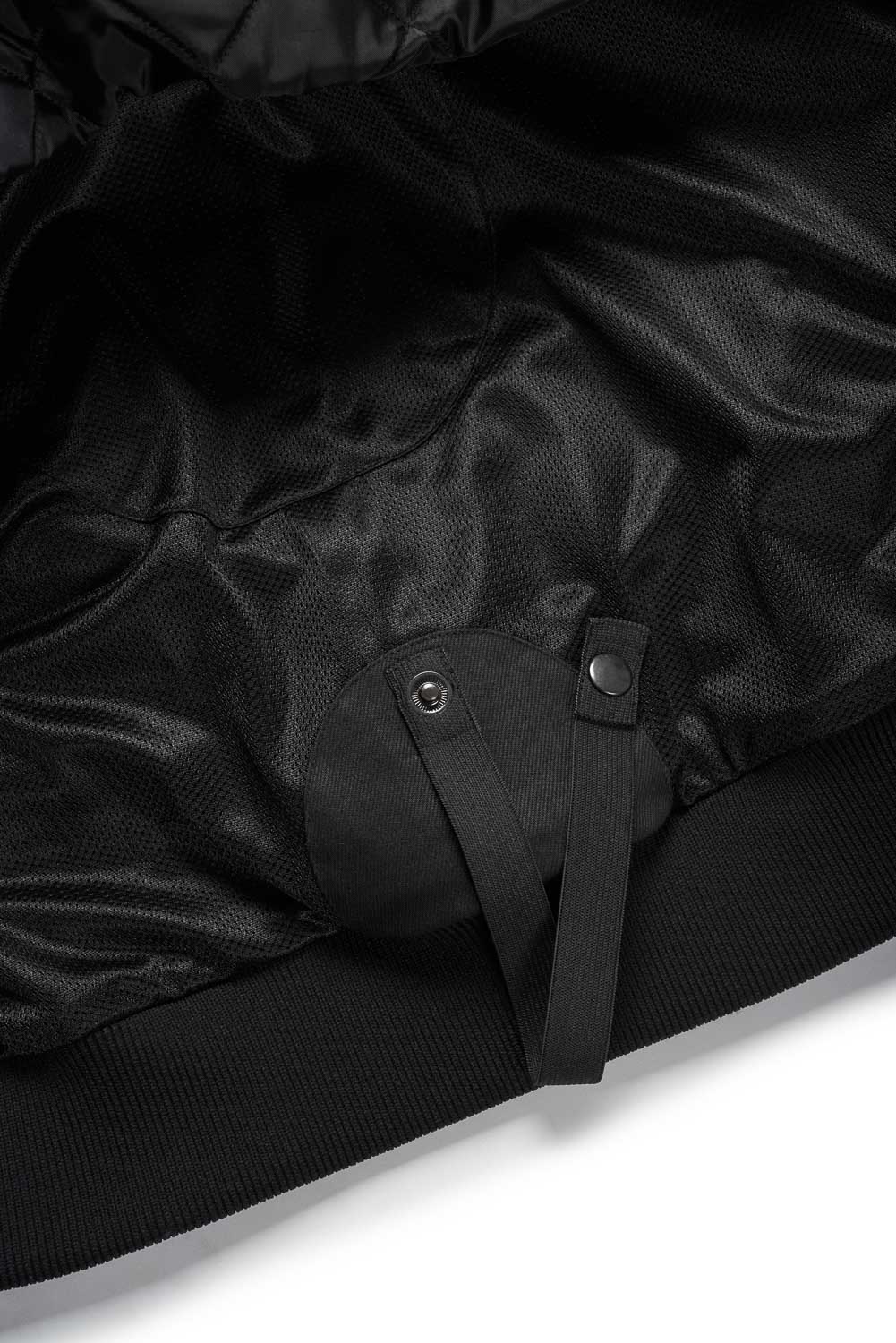 Close-up of a black jacket with a focus on the collar and buttons.