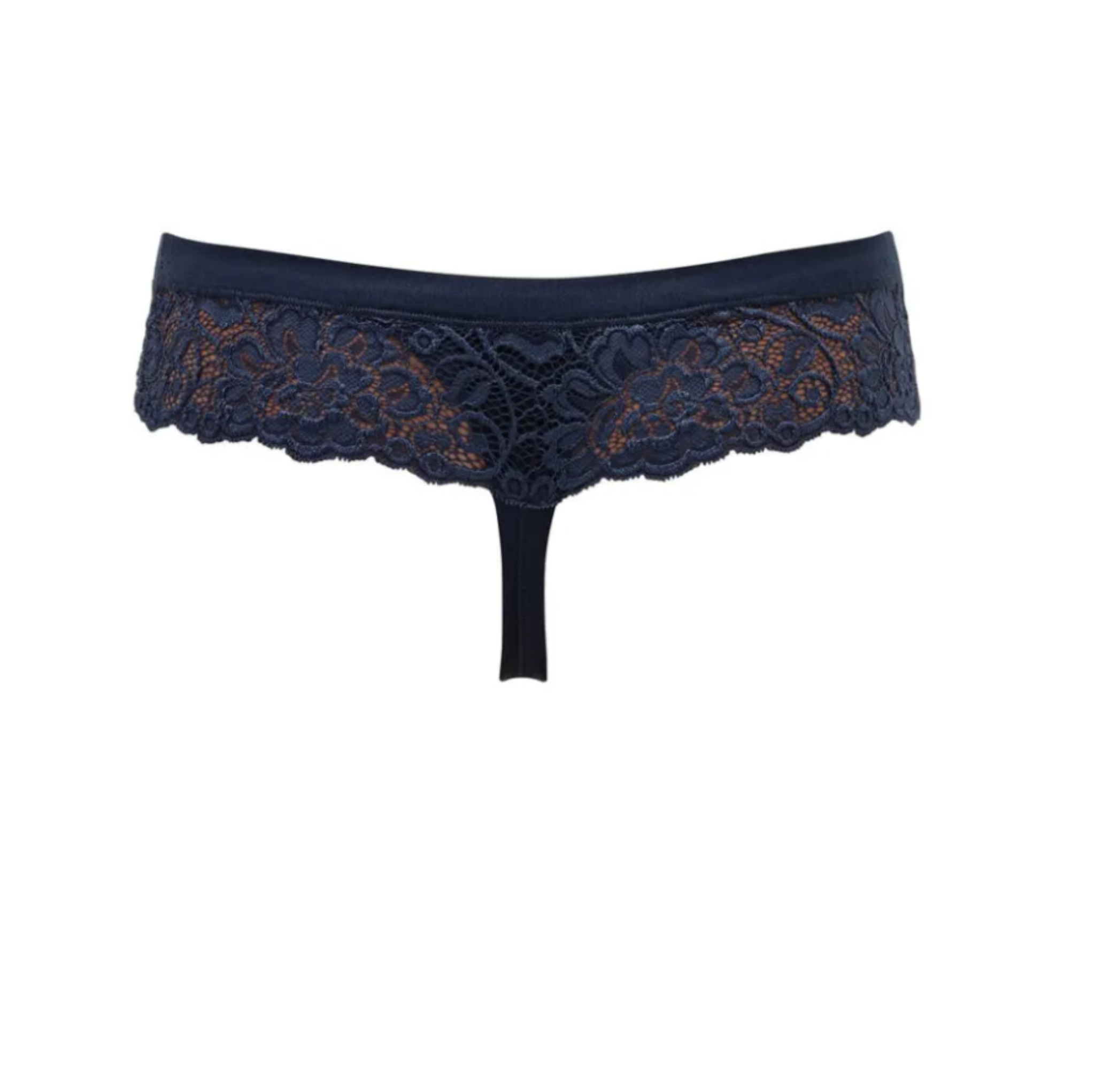 Close-up shot of the back of dark blue thongs featuring lace waistband details from Tramonte.