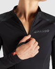 A close up of the neck zipper of Pando Moto Armored motorcycle long-sleeve bodysuit base layer for women