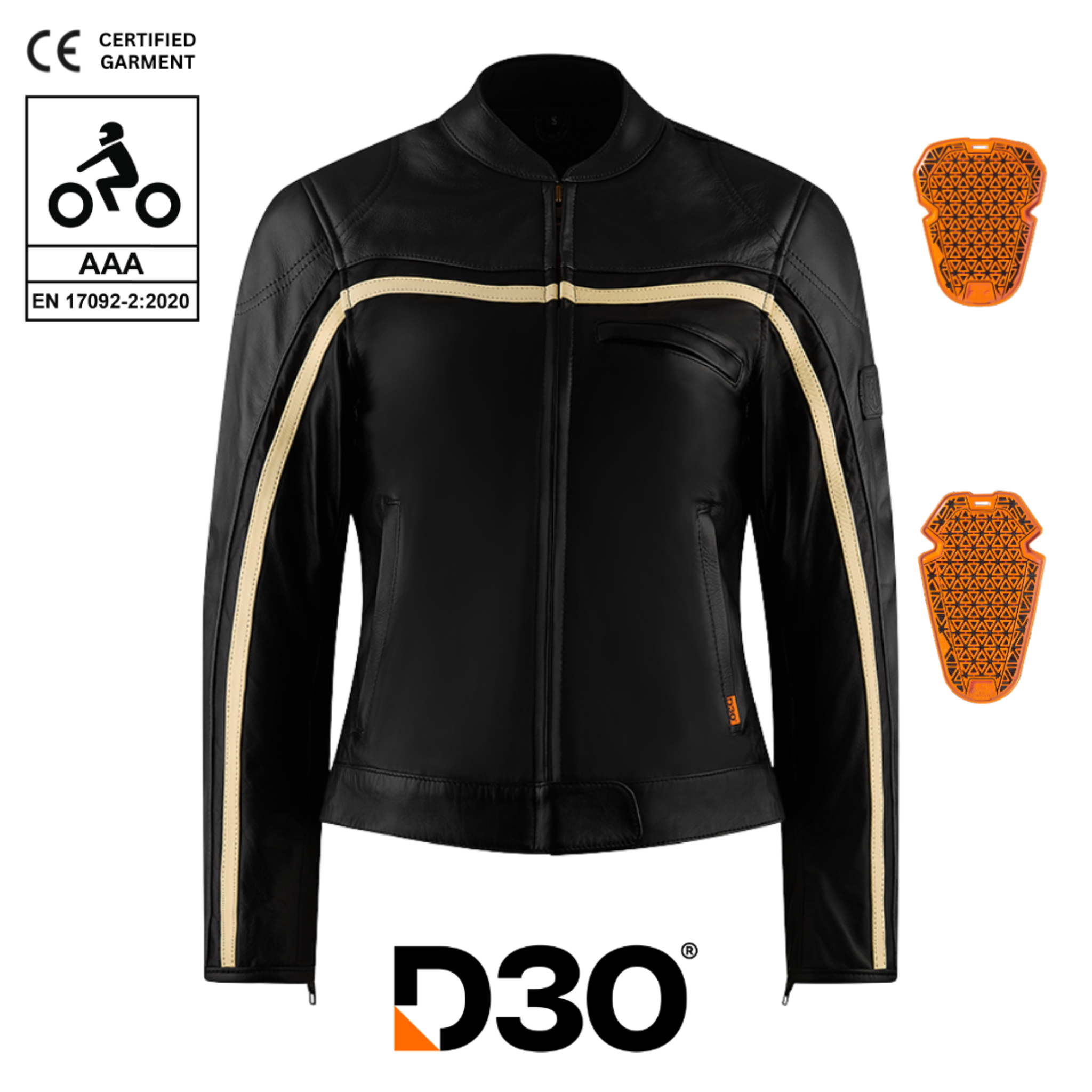 Black motorcycle jacket with beige accents and protective pads, featuring D30 branding and certification logos.