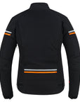 a bagside of black textile mc jacket with orange and grey details