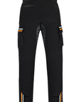 Black pants with orange accents on a white background