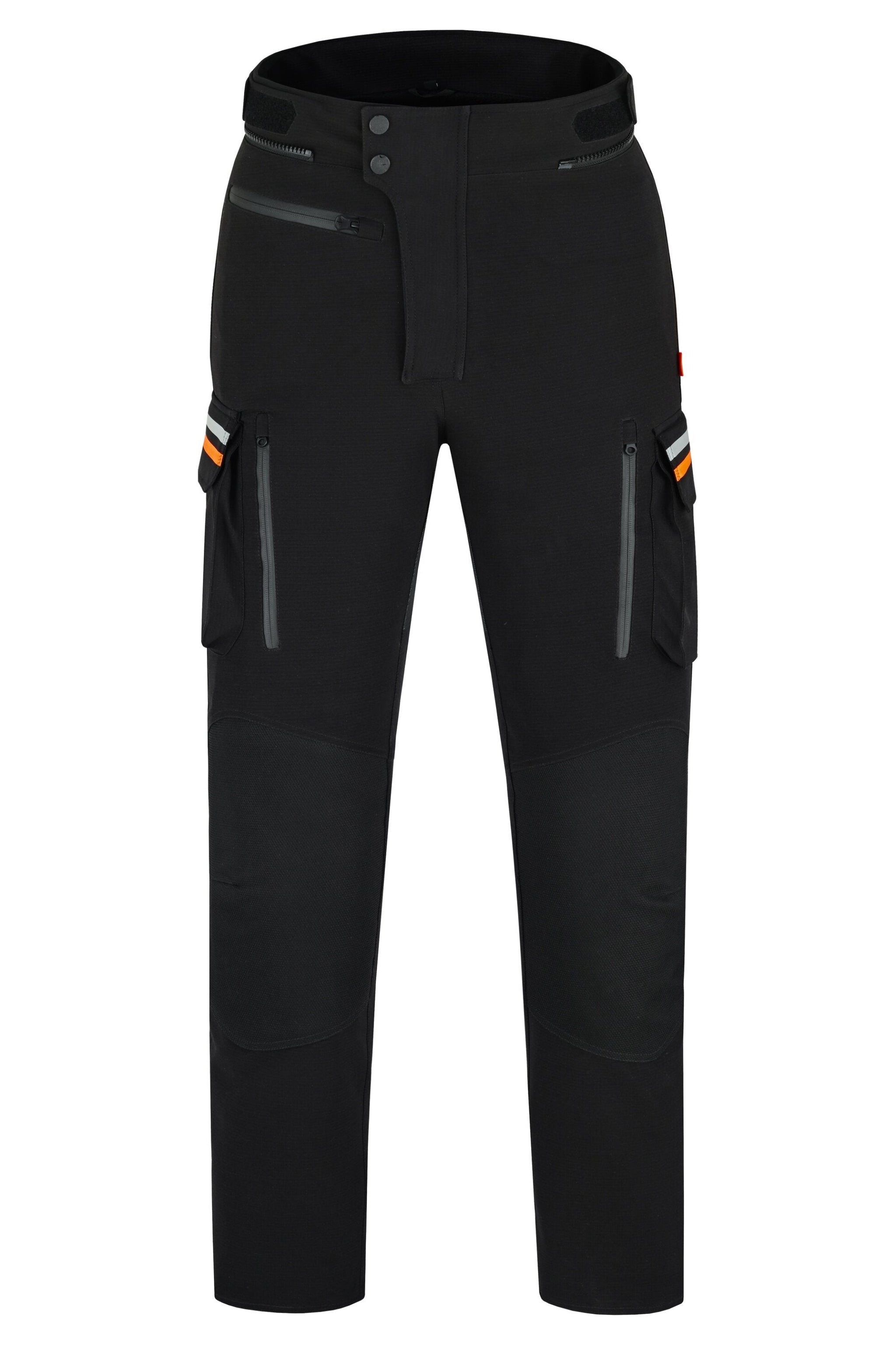 Black work pants with multiple pockets on a white background