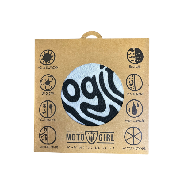 A circular black and white patterned patch displayed on a brown kraft paper backing card with printed feature icons and the Moto Girl brand name.