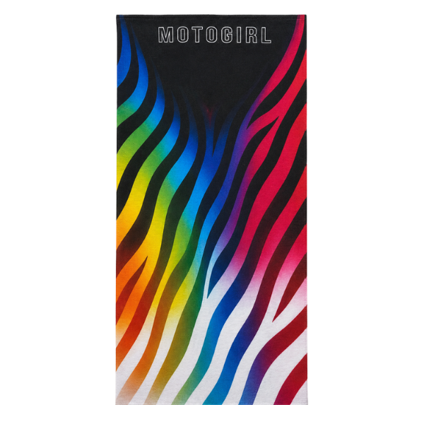 A rectangular beach towel featuring a black top section with the brand name 'MOTOGIRL' in white outlined text, and below it, bold wavy rainbow stripes flowing diagonally across a white background.