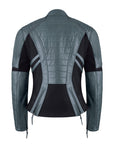 a back of grey and black motorcycle leather jacket for women with two hip zippers