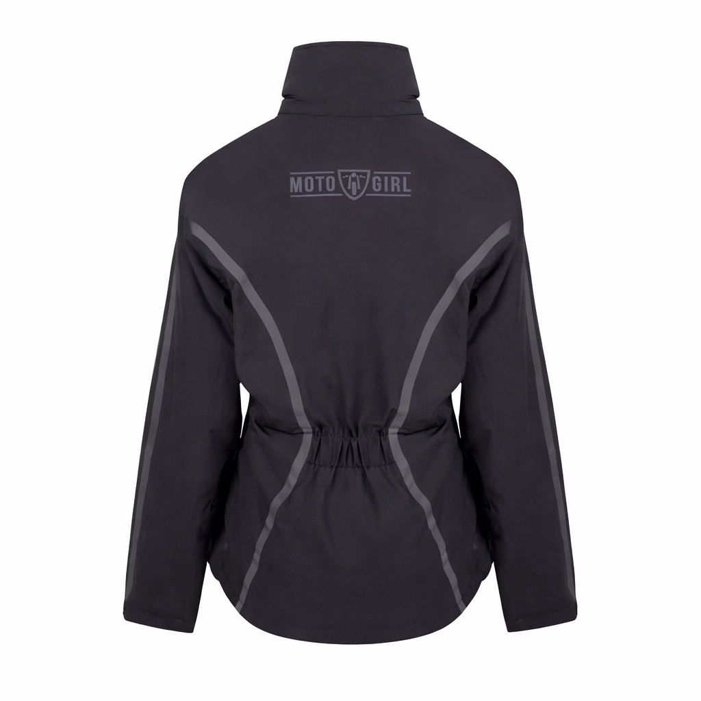 Black jacket with gray accents and 'Moto Girl' logo on a white background