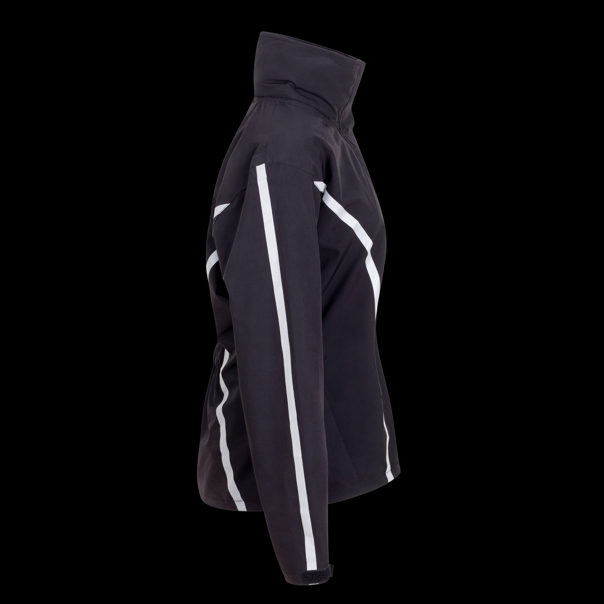 Black jacket with white stripes on sleeves against a black background