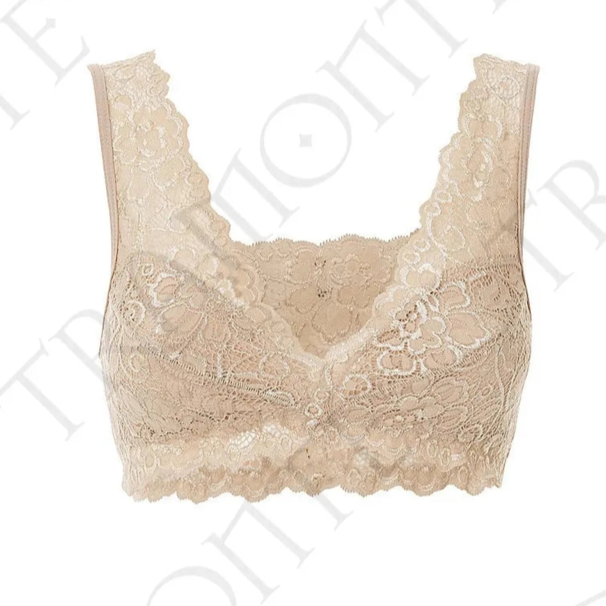 Close-up of a nude-colored wide shoulder lace bralette from Tramonte.
